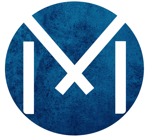 Blue circular logo with a textured background featuring a bold white geometric “M” design in the center.