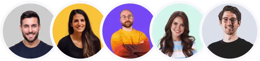 Row of five circular portrait photos showing smiling adults with diverse appearances, each framed by a different solid-colored background, displayed on a transparent background.