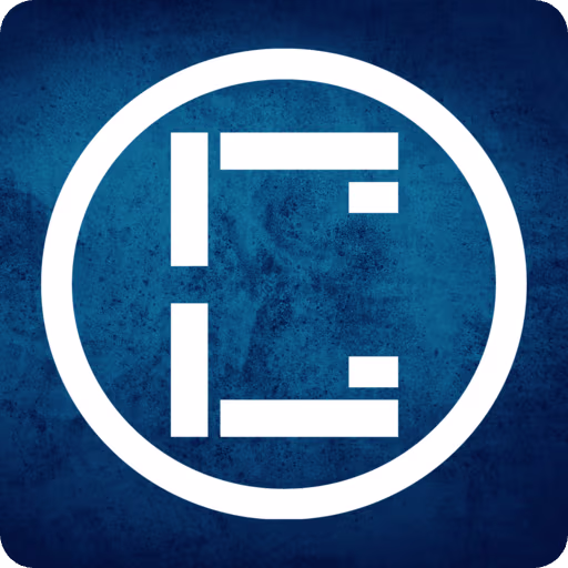 White abstract geometric “E” shaped symbol inside a circular outline, displayed on a dark blue textured background with rounded corners, representing a minimalist modern logo.